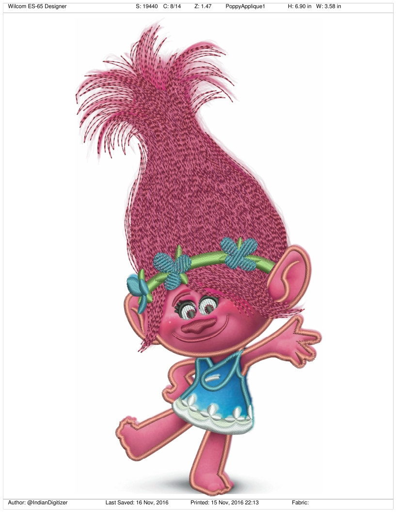 50% off - Applique Design - Princess Poppy from Trolls Movie - 7 inches tall for embroidery machine design