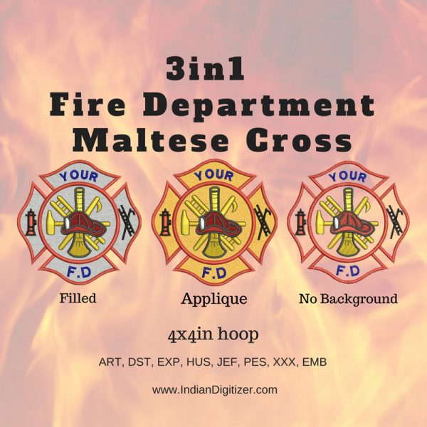 50% off on 3 in 1 - Fire Department's Maltese Cross Machine Embroidery Design for 4x4 hoop - Applique, Filled and Unfilled - Can be Resized.