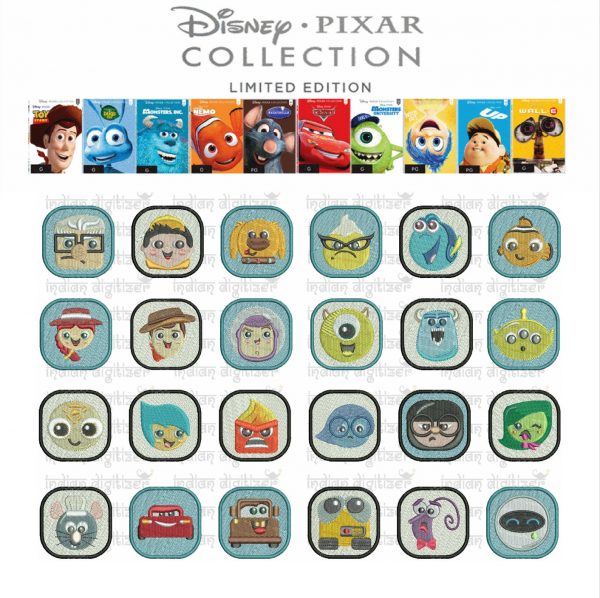 50% off on Disney Pixar Emojis machine embroidery designs for 4in hoop - 24 Resizable designs - Toy Story, Bug's Life, Monsters, Ratatouille
