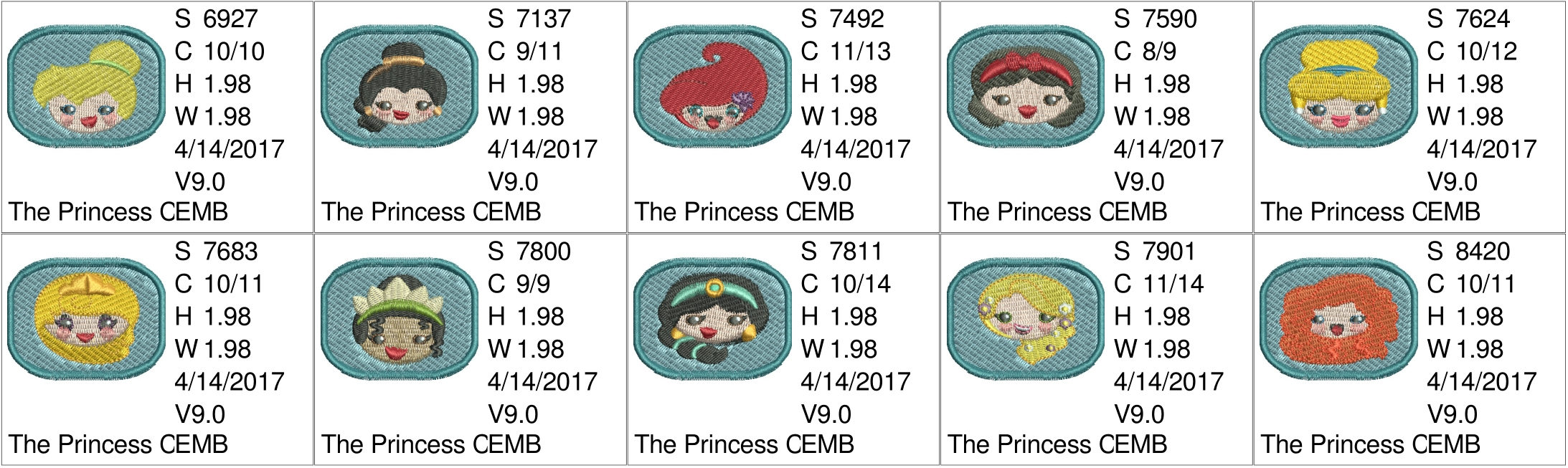 50% off on Disney Princess Emojis machine embroidery designs for 4in hoop - 10 resizable designs for key fobs, tshirts, hats, towels, bibs.