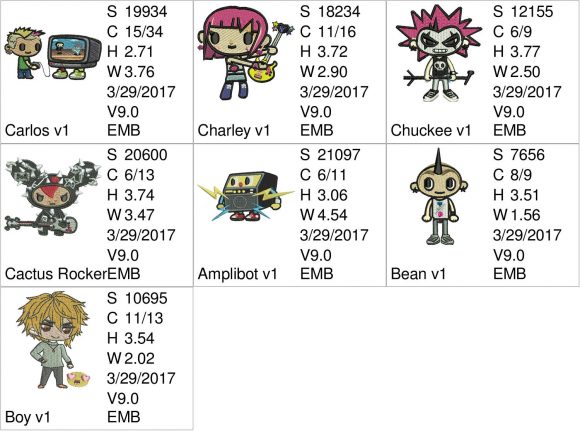 Tokidoki - 7 individual Characters - Machine Embroidery Desigsn - Set 1 ...