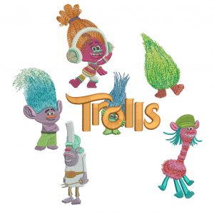 50% off - Trolls machine embroidery designs - 4in hoop - Set No.2 - Trolls Movie Logo, Cooper, Chef, Creek, DJ, Fuzzbert - resizeable files.