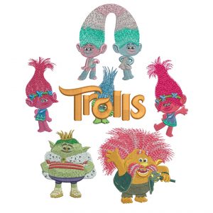 50% off - Trolls machine embroidery designs - 4in hoop - Set No.4 - Trolls Movie Logo, Satin Chenille, 2 Princess Poppy, Peppy and Prince