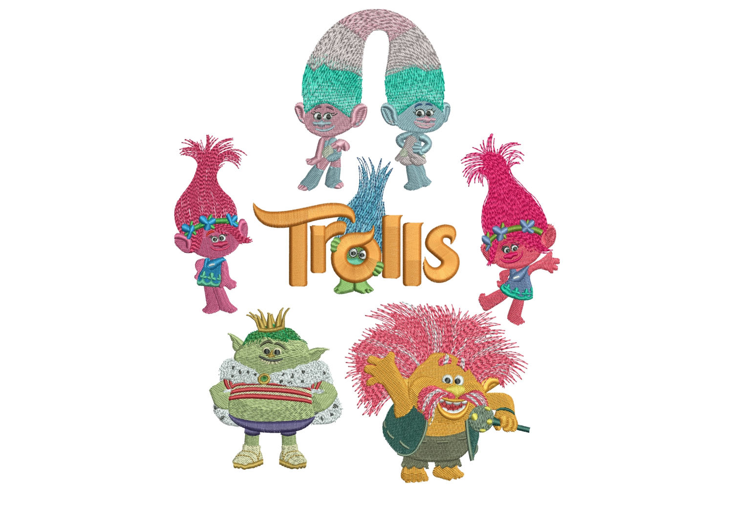 50% off - Trolls machine embroidery designs - 4in hoop - Set No.4 - Trolls Movie Logo, Satin Chenille, 2 Princess Poppy, Peppy and Prince