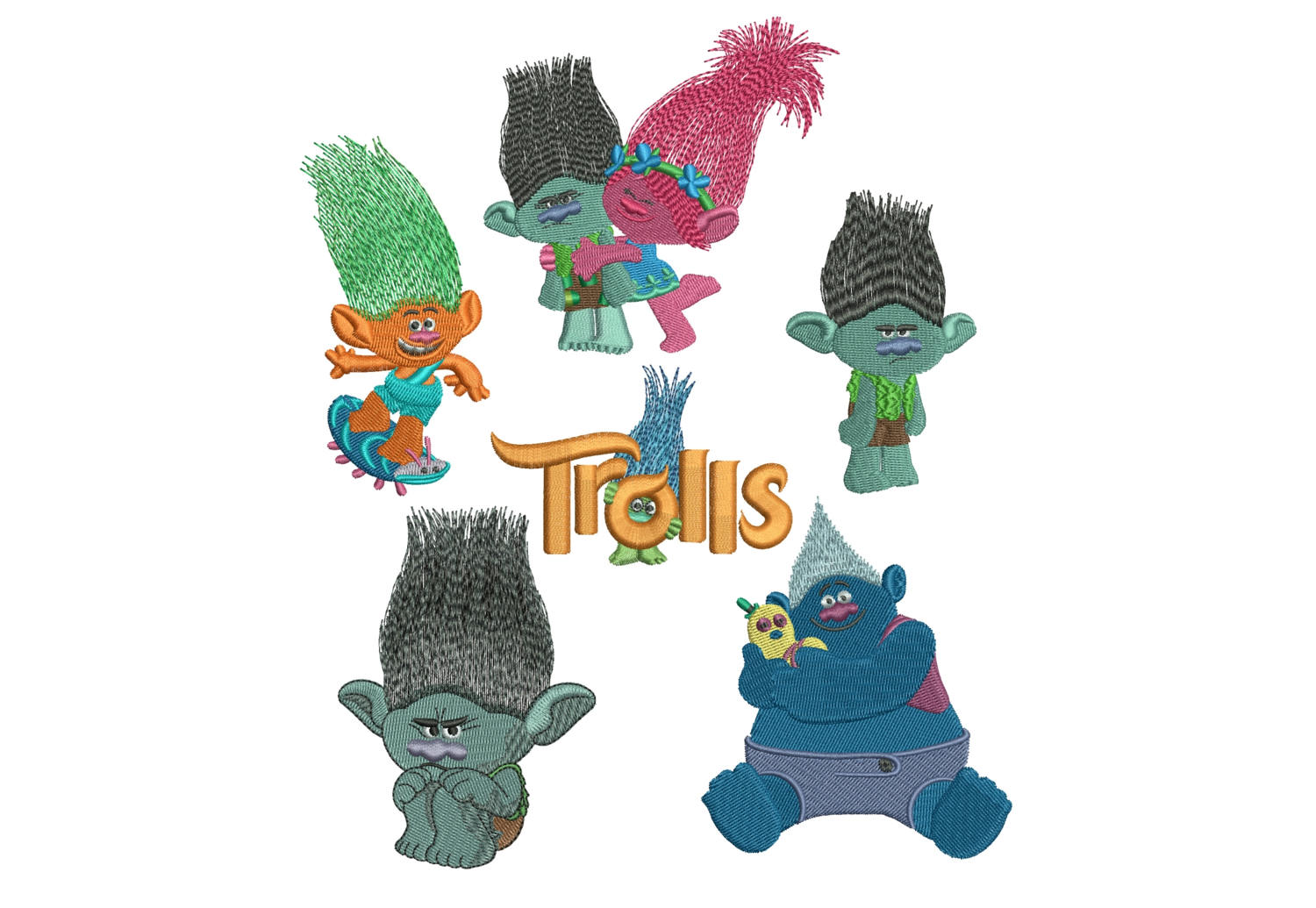 50% off - Trolls machine embroidery designs - 6 designs - 4in hoop - Set No.1 - Aspen, Biggie, Branch, Branch & Poppy and Trolls Movie Logo
