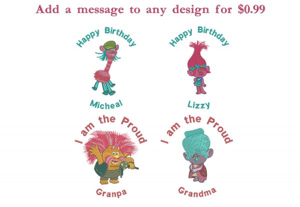 75% off - Movie Trolls machine embroidery designs for 4x4in hoop - 22 characters - resizeable with a freely downloadable utility.