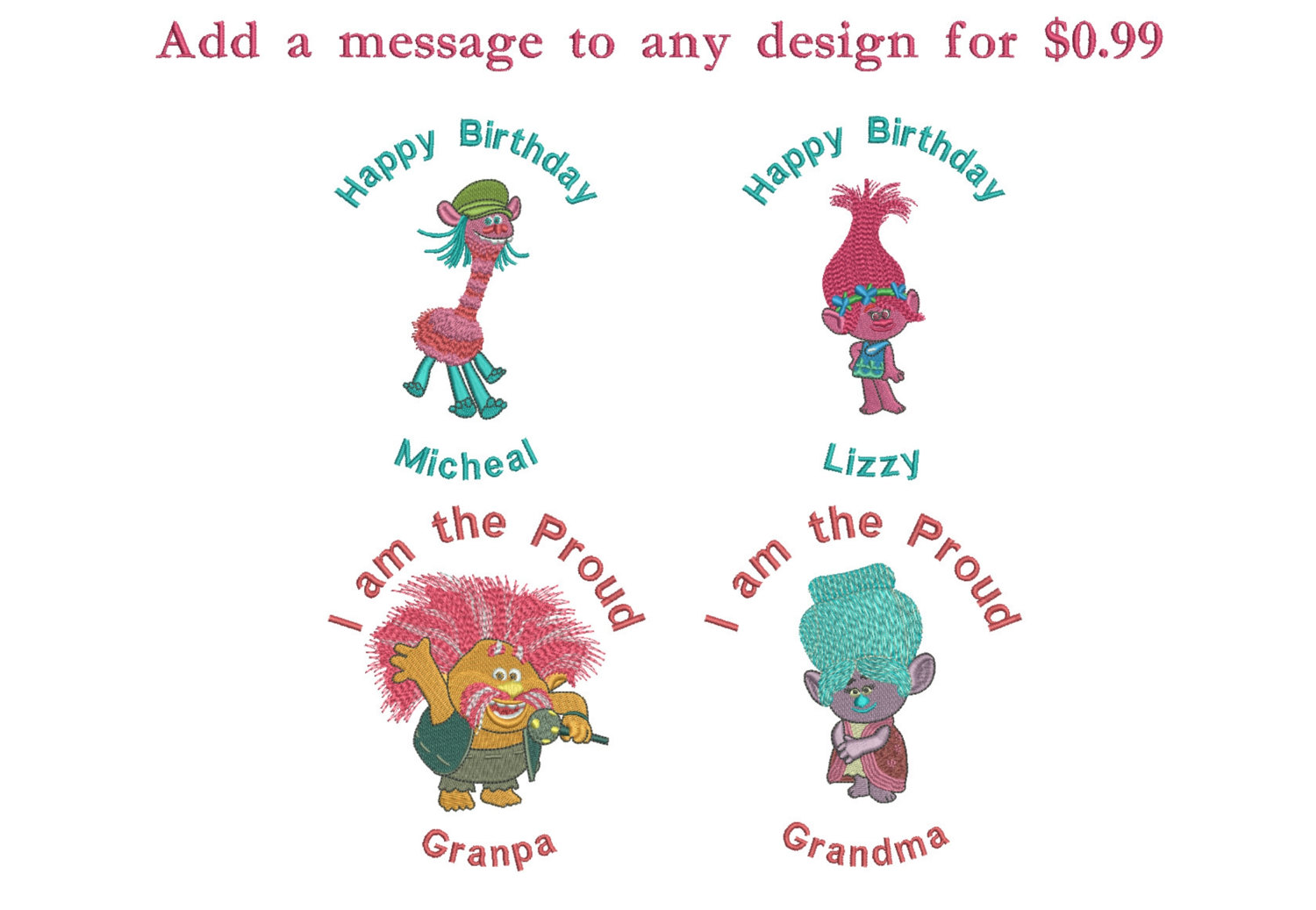 75% off - Movie Trolls machine embroidery designs for 4x4in hoop - 22 characters - resizeable with a freely downloadable utility.