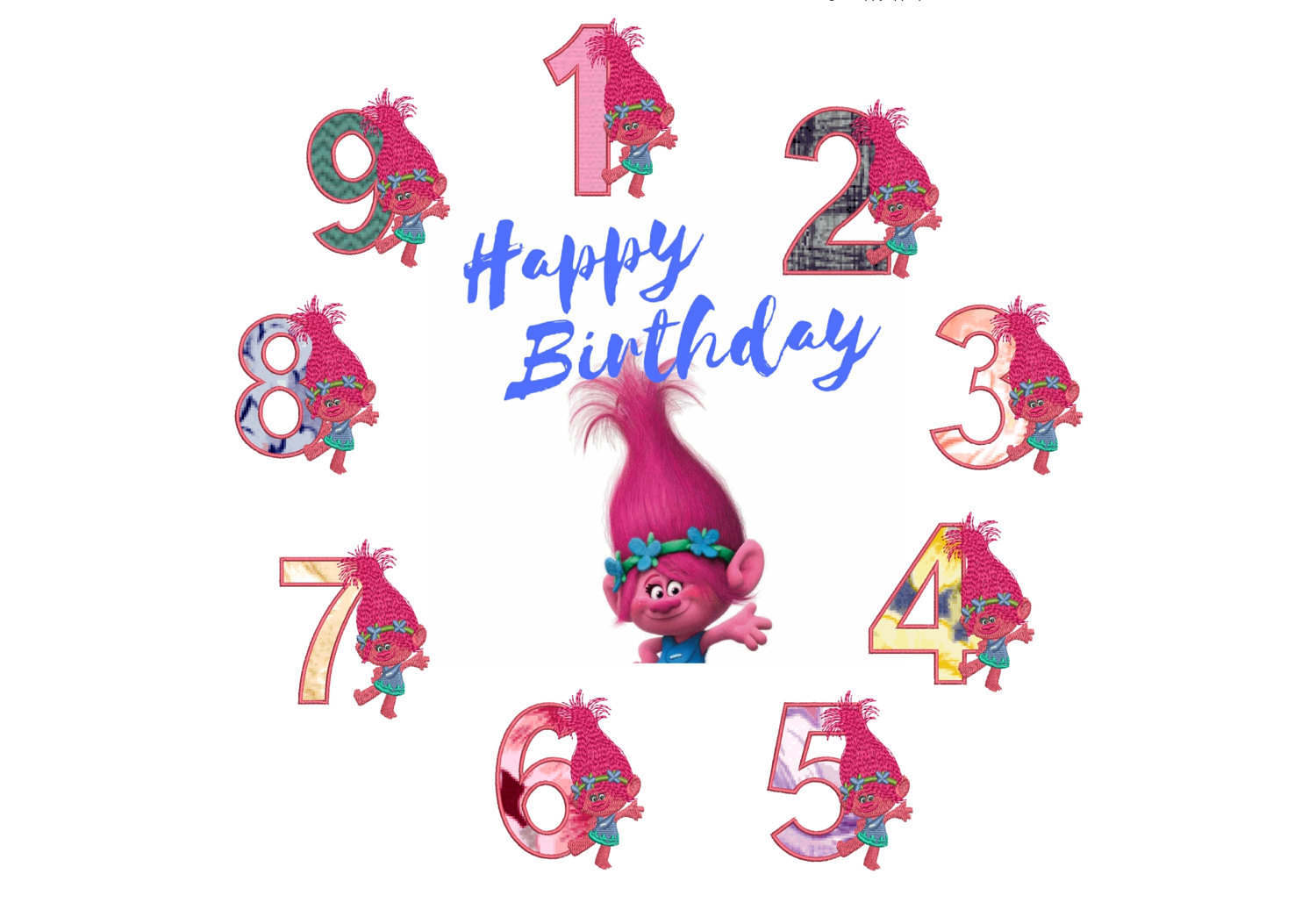 75% off on 4x4in hoop - Princess Poppy from the Movie Trolls - machine embroidery design - Applique Numbers 1 to 9 excellent for birthdays.