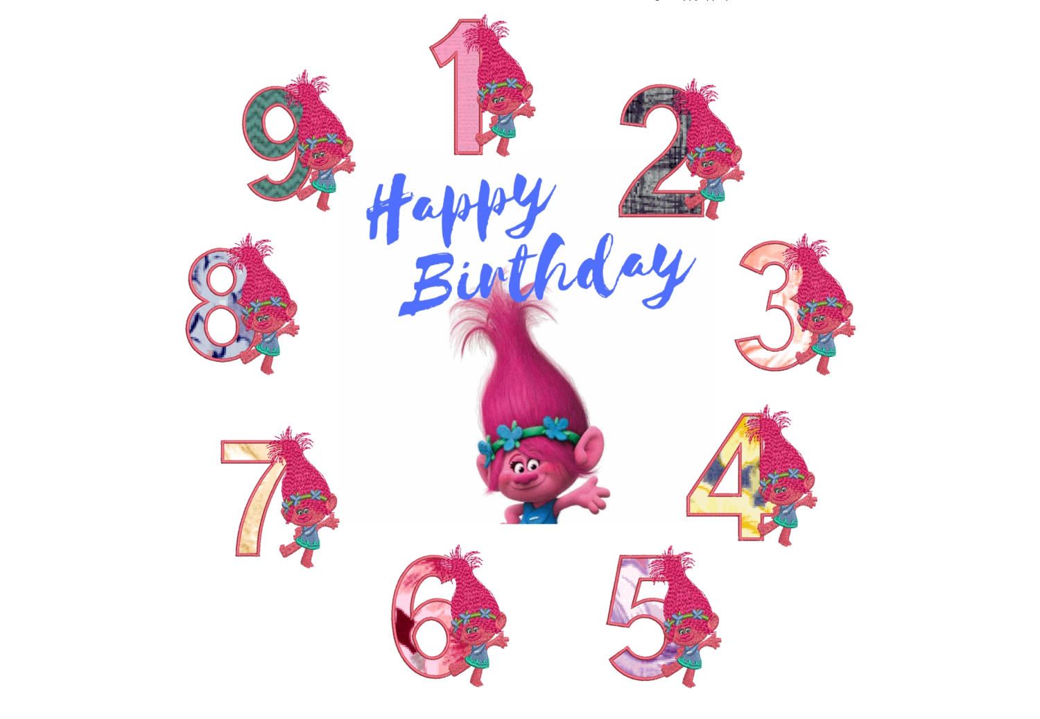 75% off on 5x7in hoop - Princess Poppy from the Movie Trolls - machine embroidery design - Applique Numbers 1 to 9 excellent for birthdays