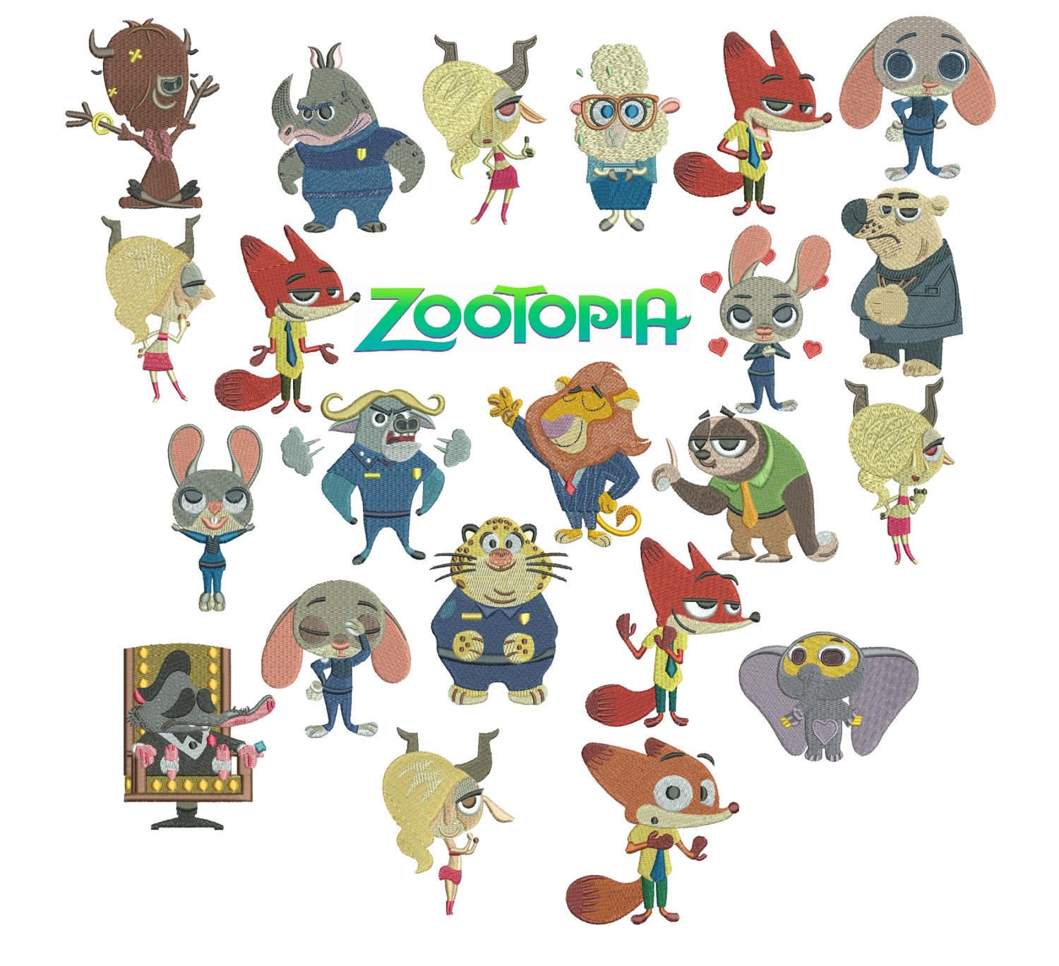 75% off - Zootopia machine embroidery designs for 4x4in hoop - 22 characters - resizeable with a freely downloadable utility.