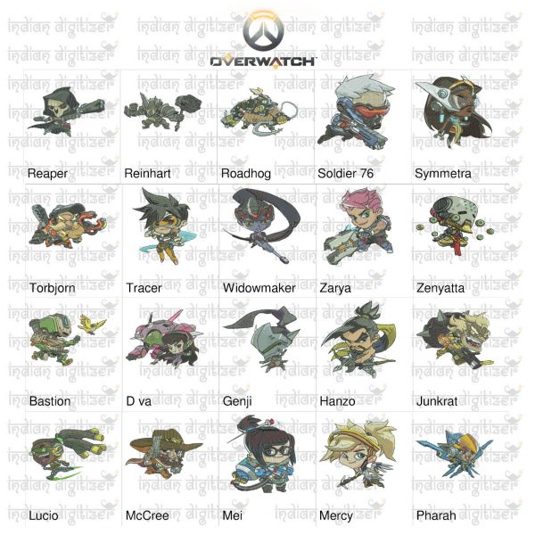 50% off - Overwatch Embroidery Designs - 20 individual characters for 4x4in hoop - resizable with freely downloadable software.