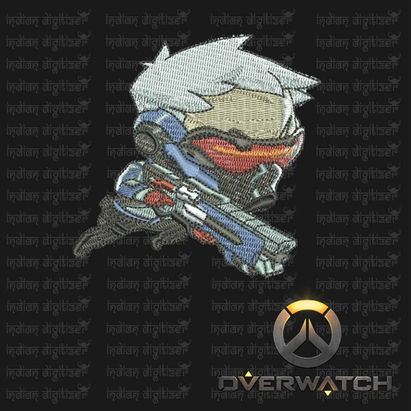 Overwatch Embroidery Designs - Soldier 76 individual character for 4x4in hoop - resizable with freely downloadable software.
